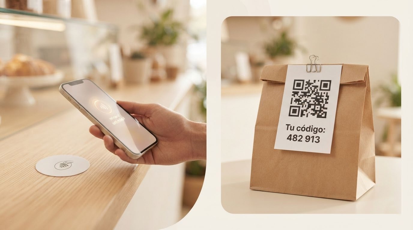 Celular junto a una etiqueta NFC en un mostrador y bolsa de delivery con código QR