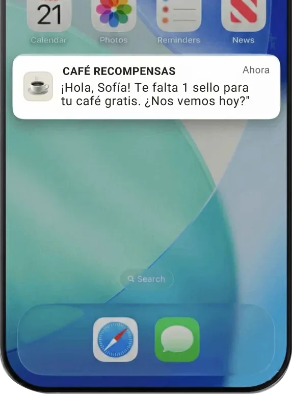 Notificación en iPhone: Hola Sofía, te falta 1 sello para tu café gratis